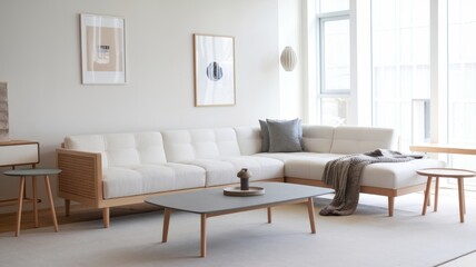 Canvas Print - Modern Scandinavian Living Room with Cozy Minimalist Decor, Soft Pastel Accents, and Inviting Natural Light