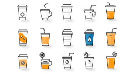 Leinwandbilder - Collection of minimalist outline icons depicting various coffee cups juice containers and other beverages in a clean simple and geometric design style
