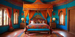 © Aleksey - A vibrant Indian bedroom with a canopy bed draped in colorful silk fabric. The bed is adorned with intricately embroidered cushions and a canopy embellished with tassels and beads.