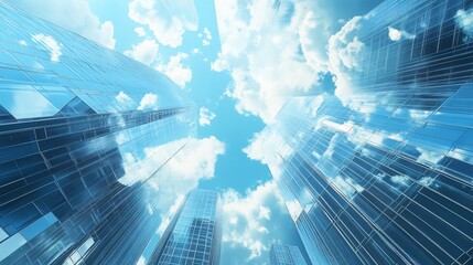 Wall Mural - low angle view of skyscrapers reaching towards a blue sky with white clouds.