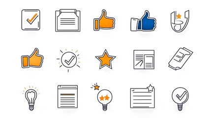 Fototapete - Collection of outline icons for feedback rating and review form including stars thumbs up and other elements for business marketing web and app design user experience