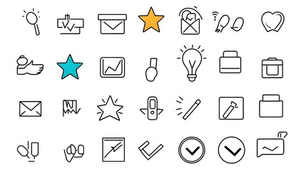 Aufkleber - Collection of Stylized Rating and Feedback Icons with Star Symbols Comments and Satisfaction Level Indicators Designed in Outline Style for Use in Digital Platforms Websites Mobile Apps