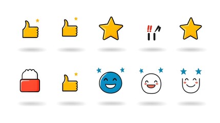 Fototapete - Minimalist linear feedback icons featuring rating stars thumbs up and happy customer face on a clean white background  Useful for web design mobile apps infographics
