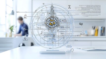 Fototapete - Highly detailed 3D cross sectional visualization of an atom model displaying the nucleus composed of protons and neutrons along with the layered electron paths surrounding the core