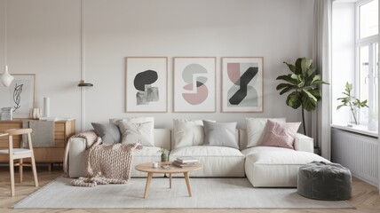 Canvas Print - Modern Scandinavian Living Room with Cozy Minimalist Decor, Soft Pastel Accents, and Inviting Natural Light