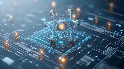 Poster - Conceptual atom showcasing futuristic lights and holographic particles symbolizing the cutting edge research and innovations of the next in the fields of science and technology