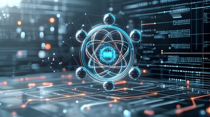 Aufkleber - Futuristic atomic structure with a digital background and neon accents merging the world of technology and molecular science into a captivating abstract