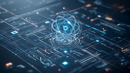 Leinwandbilder - Futuristic atom design featuring holographic elements and dynamic lighting embodying the cutting edge innovations and advancements in the field of physics  This digital showcases a sleek modern