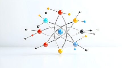 Poster - atom model with digital nodes and futuristic hues symbolizing the fusion of advanced technology and groundbreaking molecular research in a conceptual forward thinking design