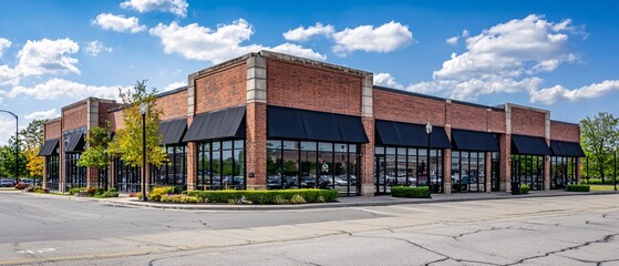 a modern brick building with large glass windows, surrounded by lush greenery and a clear blue sky, 