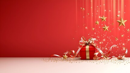 Fototapete - Stunning red background with shimmering golden stars and flowing ribbons illuminated by dramatic light beams   a sophisticated and captivating design for high end event decor and luxury branding