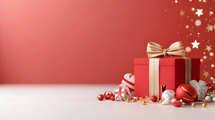Fototapete - Elegant and sophisticated red background with glowing gold stars gentle bokeh effects and stylish ribbon accents perfect for award other luxurious events
