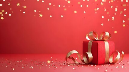 Leinwandbilder - Glamorous red background with dynamic gold stars soft bokeh lighting and elegant ribbon motifs perfect for a luxury like Christmas New Year s weddings or other special events