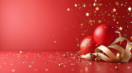 Poster - Glamorous and Luxurious Red Background with Dynamic Gold Stars Soft Bokeh Lighting and Elegant Ribbon Motifs   Perfect for High End Events or Premium Branding