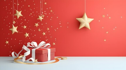 Fototapete - Elegant of a rich red backdrop with swirling gold stars luminous beams and classic ribbon decor creating a luxurious and exclusive event atmosphere