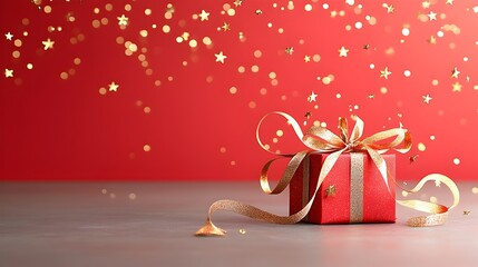 Poster - Elegant red and gold background with shimmering stars soft bokeh and flowing ribbons highlighted by golden light beams creating an upscale and festive atmosphere for event decor