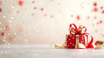 Fototapete - Vibrant red and gold backdrop with twinkling stars soft bokeh lighting and elegant flowing ribbon decor creating a festive and glamorous atmosphere for special occasions and