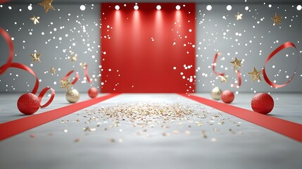 Fototapete - Elegant red and gold ceremony background featuring sparkling stars ornate ribbons and gentle light beams creating a sophisticated and luxurious ambiance for a special event or