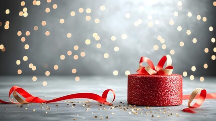 Fototapete - Elegant and Sophisticated Red and Gold Ceremony Background with Sparkling Stars Elegant Ribbons and Gentle Light Beams Creating a Luxurious and Glamorous Ambiance for Formal Events and