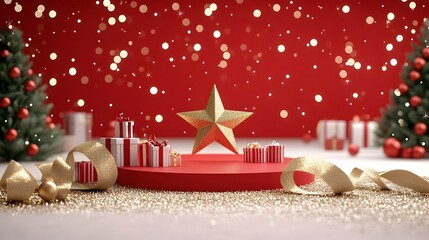 Fototapete - Stunning festive background featuring a shimmering red stage and radiant golden star surrounded by luxurious gold ribbon accents creating an elegant glamorous and captivating display
