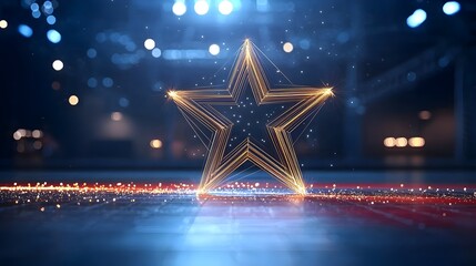 Aufkleber - Radiant glowing star formed by shimmering lines hovering above a vibrant red and gold stage creating an elegant and captivating visual for any festive occasion award ceremony or special event