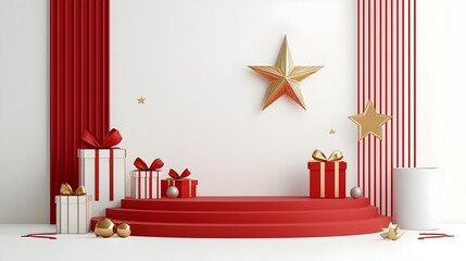 Poster - Elegant red stage backdrop with a glowing golden star at the center surrounded by radiant lines and ribbons creating a dynamic