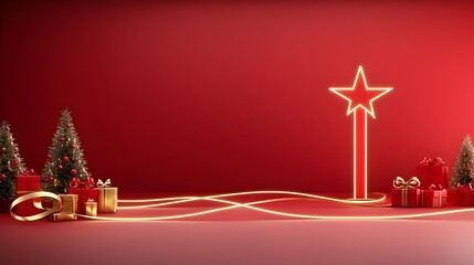 Fototapete - Luxurious red stage with glowing golden ribbons and a radiant shining star creating a festive and glamorous ambiance perfect for award events ceremonies and performances