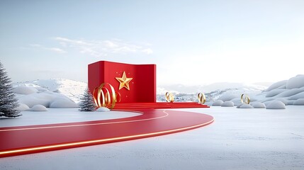 Fototapete - A lavish red carpeted stage adorned with golden ribbons and a radiant luminous star creating a captivating and festive ambiance perfect for prestigious award ceremonies and glamorous events