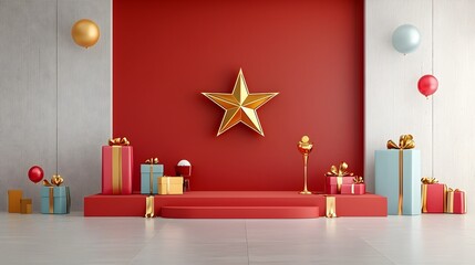 Fototapete - Radiant golden star shaped lines hovering above a luxurious red stage with ribbon accents creating an elegant and ceremonious backdrop for an award ceremony or other prestigious event