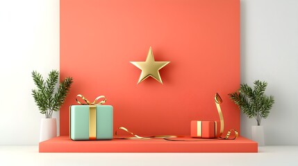 Fototapete - Radiant golden star shining above a luxurious red stage with ribbon accents creating a captivating backdrop for an elegant award ceremony or