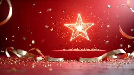 Aufkleber - Stunning digital rendering of a glamorous red stage backdrop adorned with a glowing star shimmering gold ribbons and radiant light lines