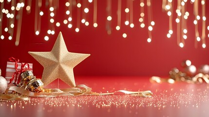 Fototapete - Bright golden star shining on a luxurious red stage surrounded by radiant light lines and festive gold ribbons creating a sense of achievement