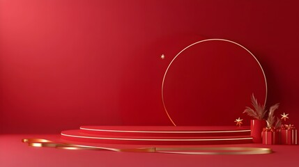 Fototapete - Luxurious red stage with radiant star lines and golden ribbons designed as an elegant background  Featuring a lavish ornate and grandiose stage setting with a captivating sparkling
