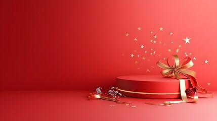 Fototapete - Luxurious red stage with radiant star lines and golden ribbons designed for an elegant background  Vibrant and glamorous setting perfect for holiday birthday wedding or other festive event