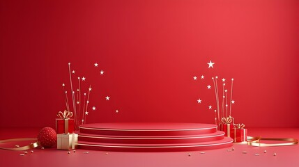 Fototapete - Luxurious radiant red stage with sparkling star lines and golden ribbons designed as an elegant and captivating backdrop for a celebratory event or performance