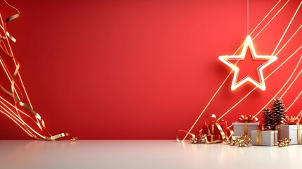 Fototapete - Luxurious background with a radiant star and red stage decorated with shimmering gold ribbons and glowing lines creating an elegant and captivating atmosphere for events and