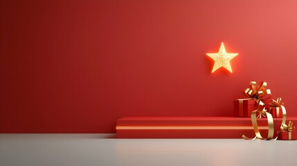 Aufkleber - Elegant red stage with a glowing star and golden ribbon enhanced by radiant lines for a captivating and festive atmosphere perfect for events performances or