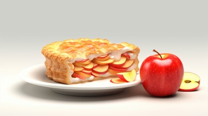 Wall Mural - Slice of apple pie with a slice missing and a whole apple on the plate