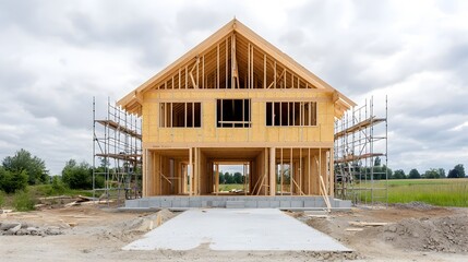 Poster - Wooden house under construction surrounded by scaffolding with a partially built roof and visible wooden beams set against a countryside landscape in the background