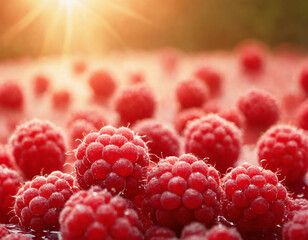 Wall Mural - Raspberry, fruit, macro, portrait. Raspberry with water drops in backlight of sun.