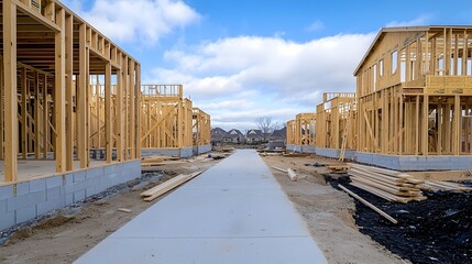 Poster - Wooden house frame in early construction stages with beams aligned neatly against a blue sky background representing the start of a new residential building project
