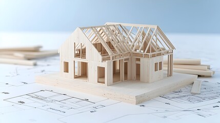 Poster - Modern wooden house structure under construction with visible roof framework open walls and blue sky in the background  The image depicts the early stages of a residential building project