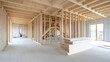 © NKCoolper - Close up view of the wooden skeleton frame and support structure of a modern house under construction  The image showcases the intricate beams timber