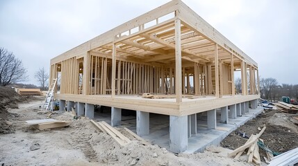 Poster - Close up view of the skeletal frame and support structure of a modern wooden house under construction showcasing the intricate beams grid like patterns and minimalist design elements
