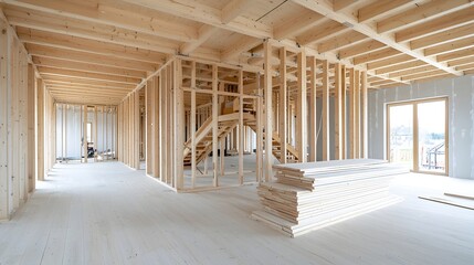Poster - Close up view of the wooden skeleton frame and support structure of a modern house under construction  The image showcases the intricate beams timber