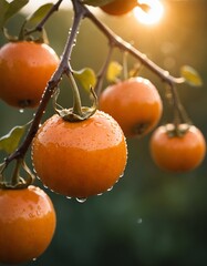 Wall Mural - Persimmon, fruit, macro, portrait. Fresh persimmon with water drops.