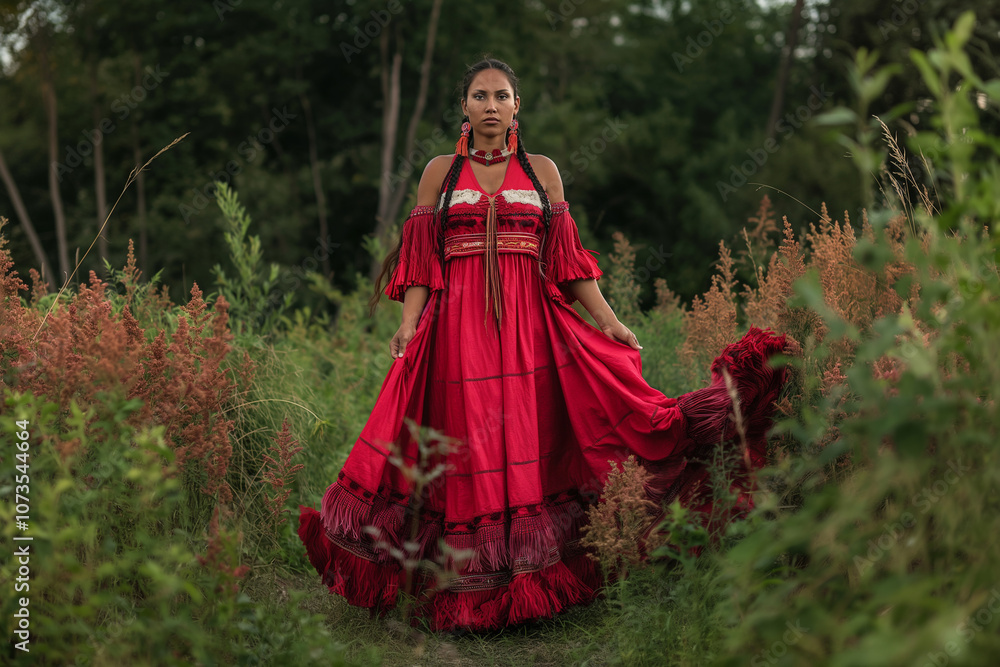 Native American woman dressed in a striking red dress, standing ...