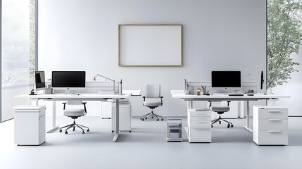 Poster - Bright and airy office layout featuring a clean and organized workspace with minimal furniture computer monitors on desks and a simple blank frame on the wall