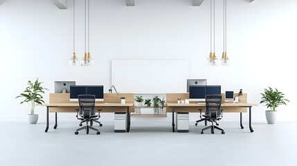 Aufkleber - Bright and open office interior with desks computers and a blank white wall for mockups or product presentations  This 3D rendering showcases a modern