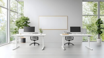 Poster - Elegant Minimalist Modern Office Interior Design with Clean White Desks Monitors and Blank Walls for Mockup Branding or Product Placement